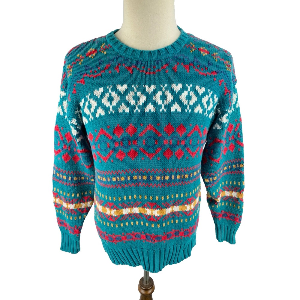 Gap Mens M Vtg 80s Aztec Fair Isle Cotton Knit Pullover Sweater Grandpa‎ 90s
